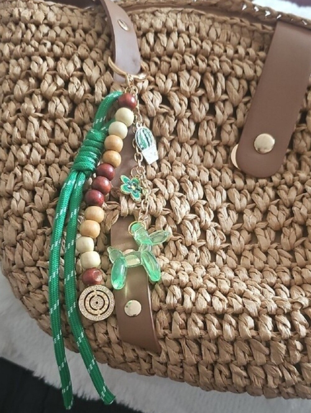 NEW Bag Charm - Green Beaded Tassel with Acrylic Balloon Dog
